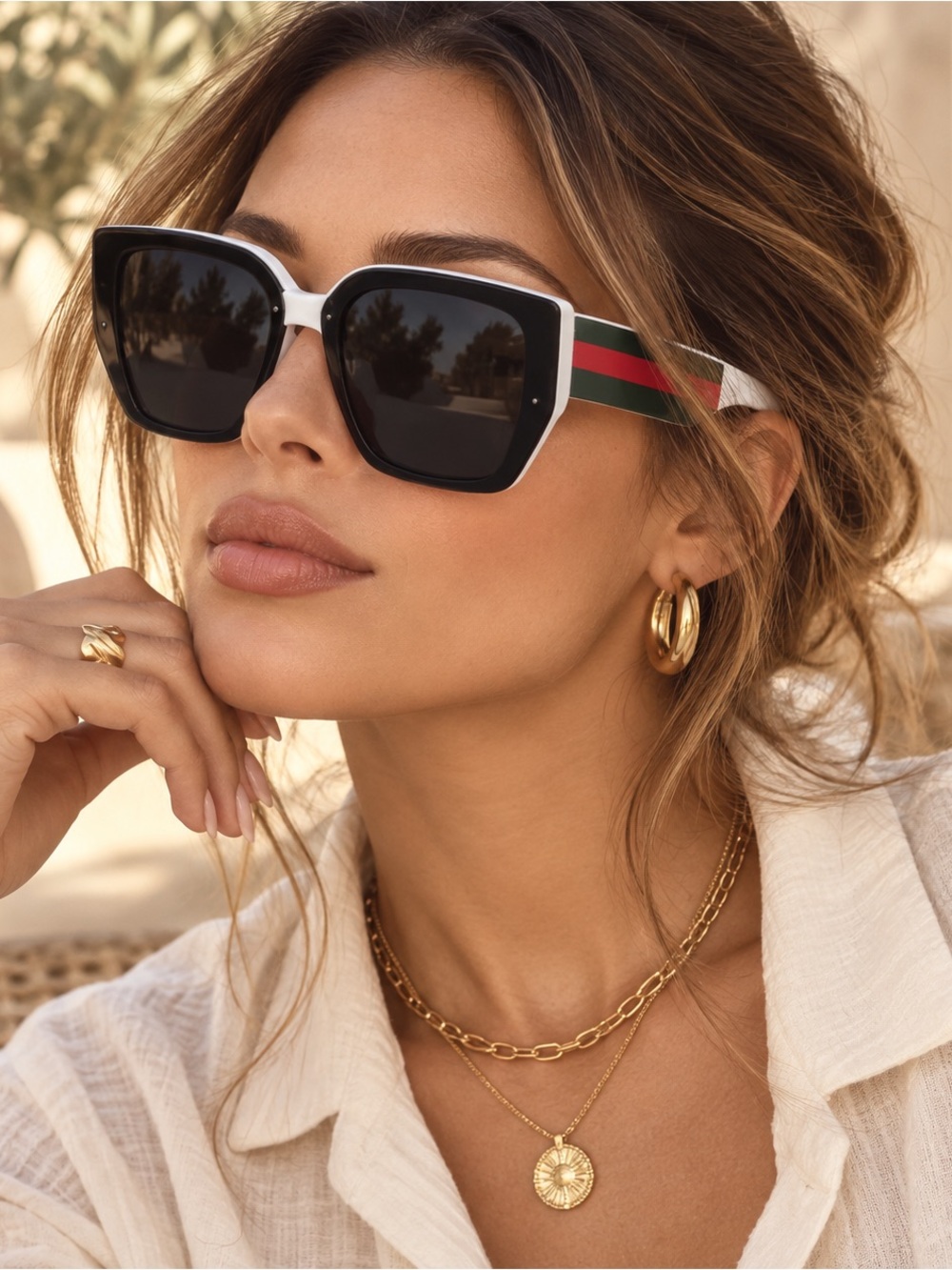 Designer-Inspired White Square Sunglasses with Red & Green Stripe